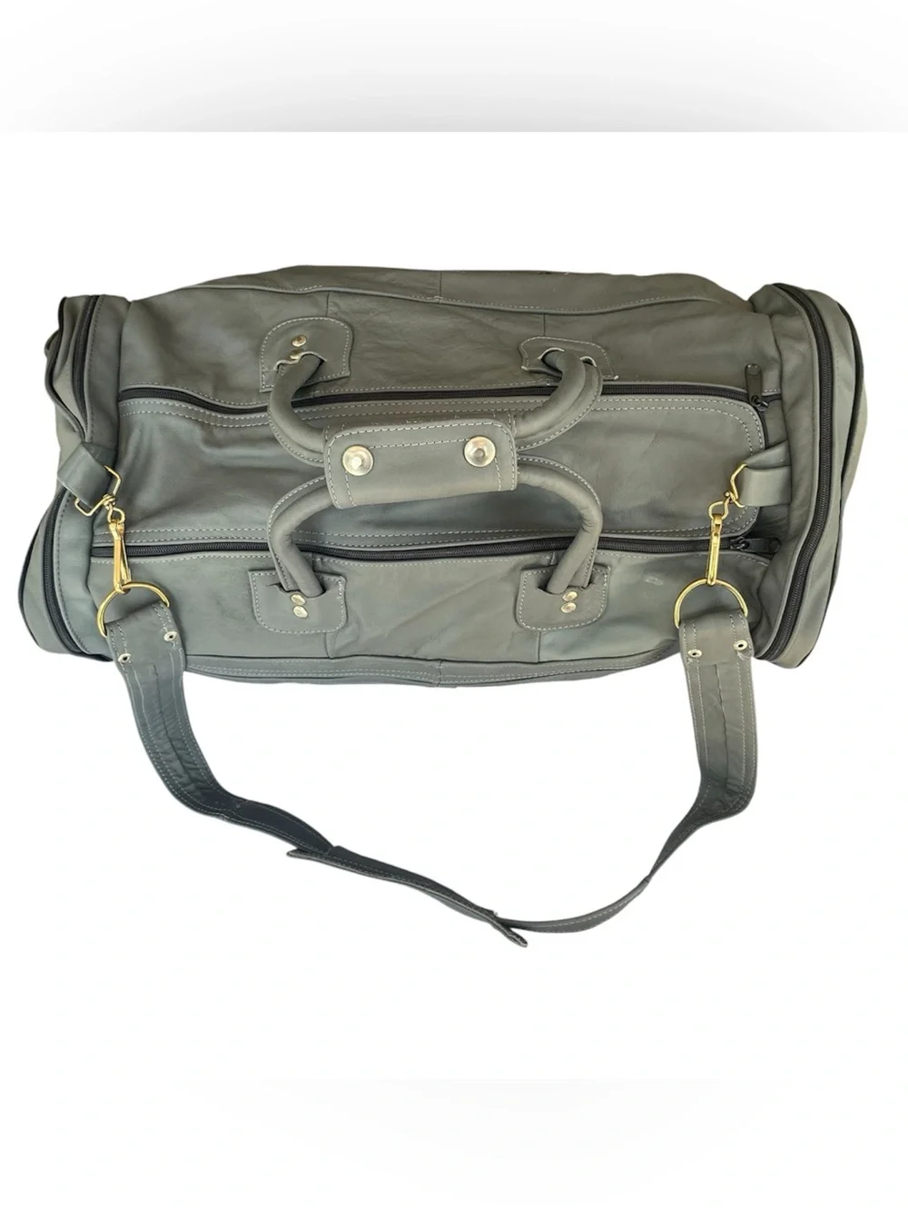 Vintage Leather Duffel Carryall Weekender Bag Gray